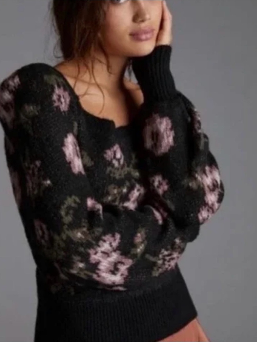 CLOSET CLOSING - Last Call! Anthropologie Black Crewneck Sweater with Pink Flora